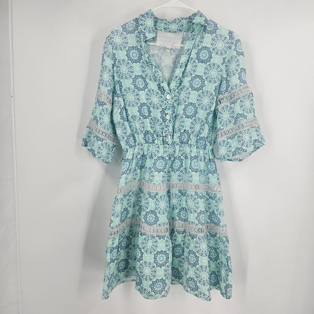 Mint Blue Printed Mini Dress with Button Front